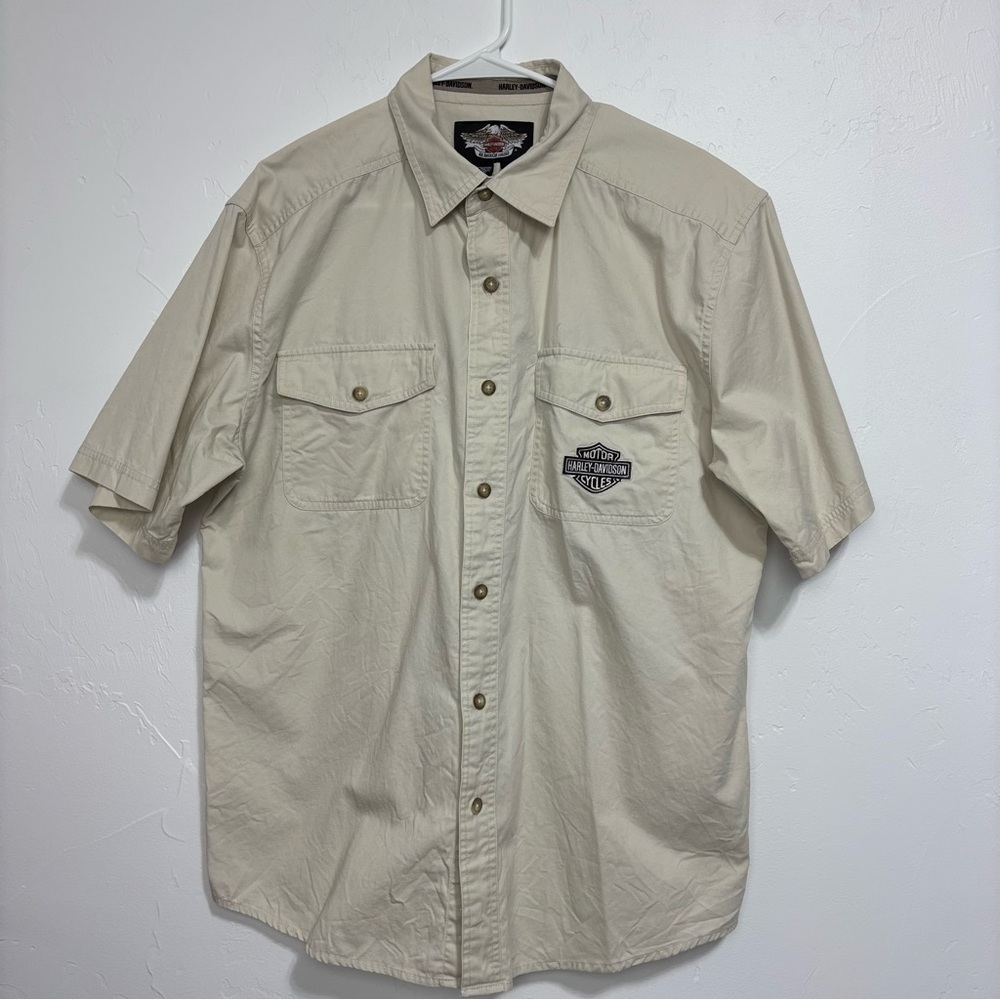 Harley Davidson Men's Large Cotton Button Front Short Sleeve Shirt Khaki Neutral